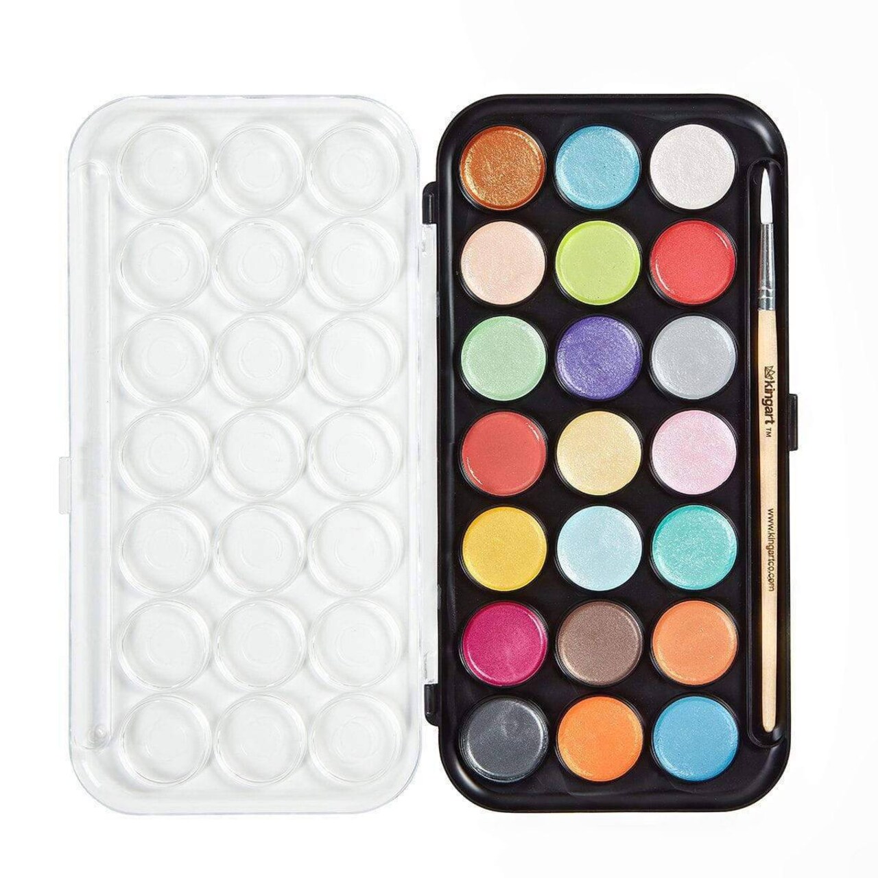 KINGART® Watercolor Pan Set, Pearlescent Colors, 21 Unique Shades & Paint Brush